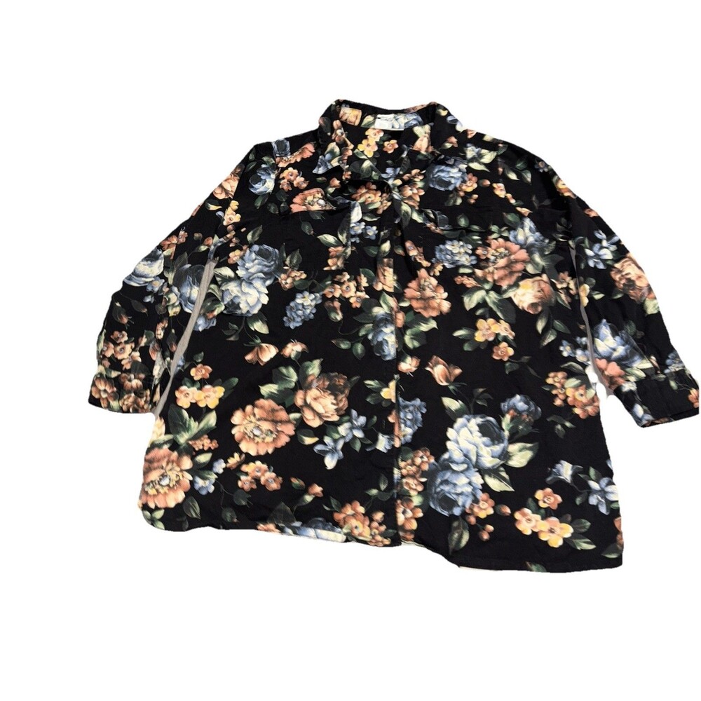 Roaman's Black Floral Button Up Shirt Blouse Plus Size 2X